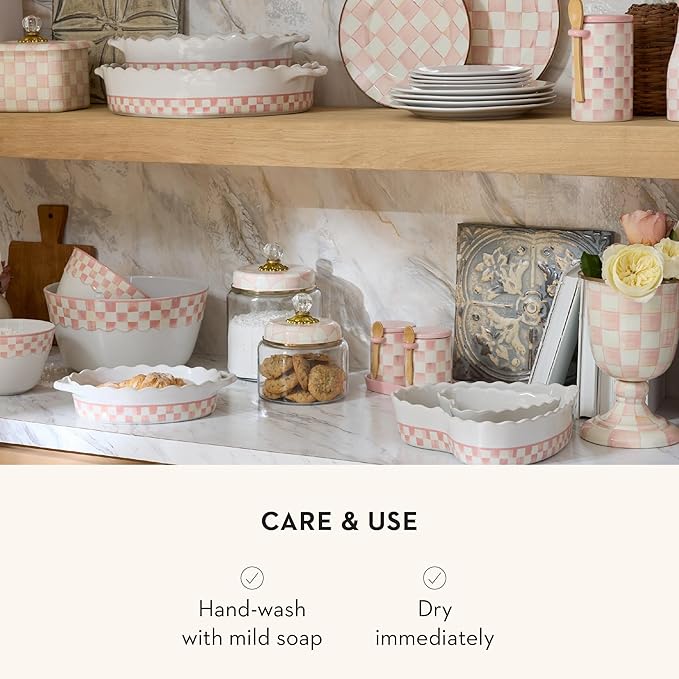 MACKENZIE-CHILDS Ceramic Farmhouse Canister, Kitchen Storage Container with Lid, Pink-and-White Rosy Check
