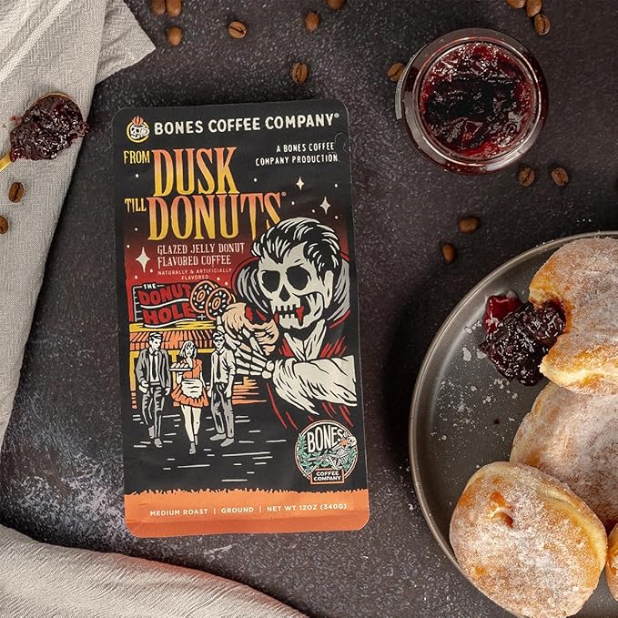 Bones Coffee Company From Dusk Till Donuts Jelly Donuts Flavored Coffee, Medium Roast Low Acid Arabica Beans Compatible with Auto drip and French Press Coffee Maker, 12 Oz Whole Bean