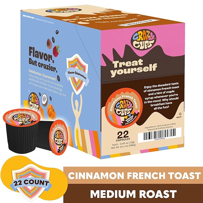 Crazy Cups Flavored Coffee Pods for Single Serve Keurig K Cups Machines, Cinnamon French Toast, Hot or Iced Coffee, Recyclable Pods, 22 count (Pack of 1)