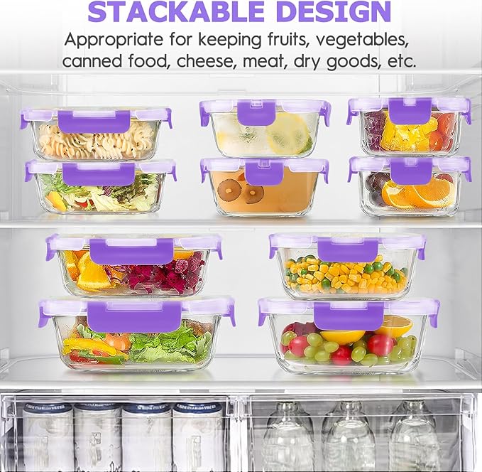 34pcs Glass Food Storage Containers with Lids Set, Airtight Glass Meal Prep Containers (17 Containers & 17 Lids), Leak Proof Lunch Container BPA-Free, Microwave, Oven, Freezer, Dishwasher Safe-Purple