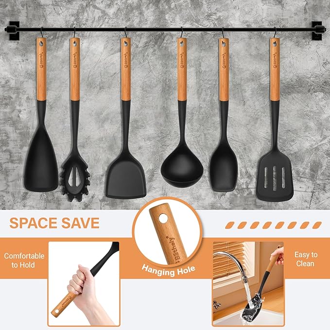 Large Silicone Kitchen Utensils Set, 6 PCS Nonstick Cooking Utensils Set with Wooden Handle, Heat Resistant and BPA Free Silicone Utensil Spatula Set for Cooking with Turner, Spoon and Ladle(Black)