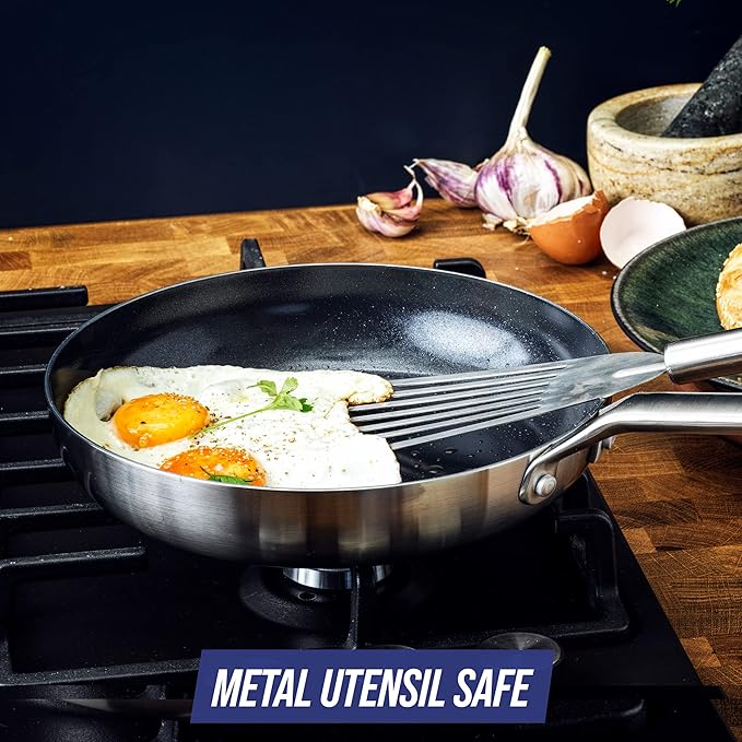 Blue Diamond Cookware Tri-Ply Stainless Steel Ceramic Nonstick, 11" Frying Pan Skillet, PFAS-Free, Multi Clad, Induction, Dishwasher Safe, Oven Safe, Silver