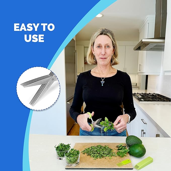 Jenaluca 5 Blade Herb Scissors - Salad Scissors - Cut & Chop Fresh Herbs & Leafy Greens - Stainless Steel Kitchen Shear Set with Cleaning Comb & Safety Cover - Kitchen Gadget - Black