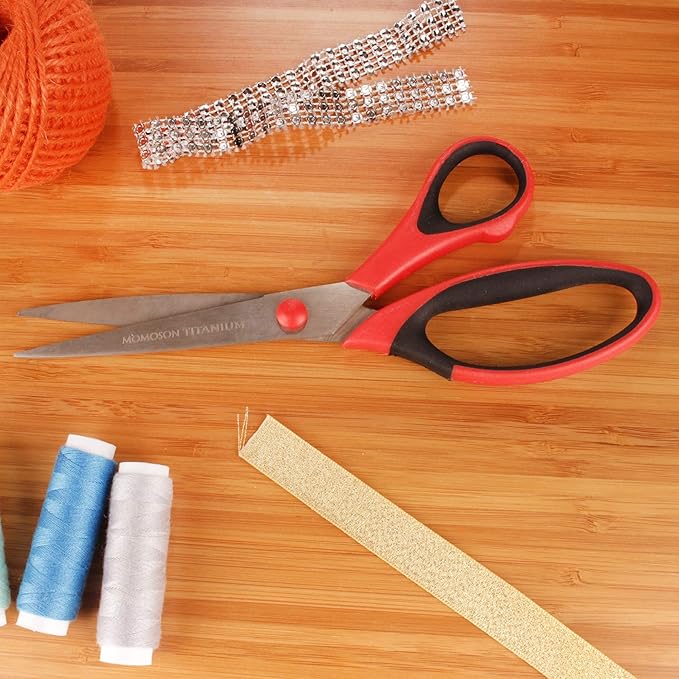 BambooMN Titanium Softgrip Scissors Set for Sewing, Arts, Crafts, Office - 3 Sets of 3 - Red w/Black Inlays
