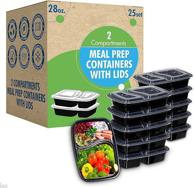 Meal Prep Container Reusable 2 Compartment With Lids 28oz (25 Sets)- Food Prep Containers, Food Storage Bento Box | Stackable | Microwave | Dishwasher | Freezer Safe.