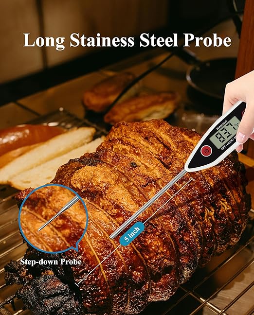 Wisebee Meat Thermometer Digital, Instant Read Food Thermometer with Stepdown Probe| IPX7 Waterproof| Hold Function| High Accuracy| Fast Response for Cooking, Liquid, Kitchen (White)