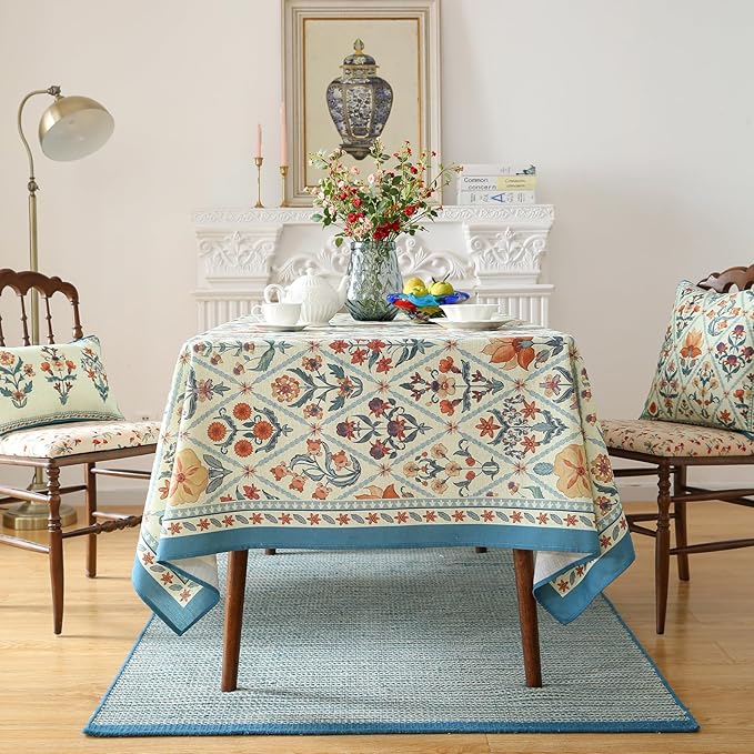 ISAENNE Designer Linen Elegant Extra Long Rectangle Tablecloth,Colorful Floral Bohemian Table Cloth,Wrinkle Resistant Decor Tablecloths for Dining Thanksgiving Kitchen,63"*110"-Floralsea A