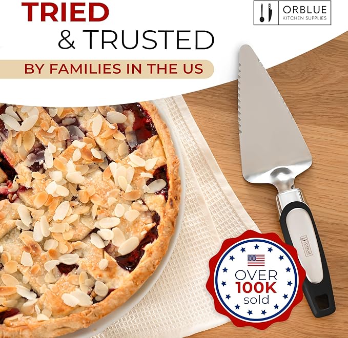 Orblue Pie Server, Essential Kitchen Tool, Serrated on Both Sides, Great for Right or Left Handed Chef, Stainless Steel Flatware, Cake Cutter, Black