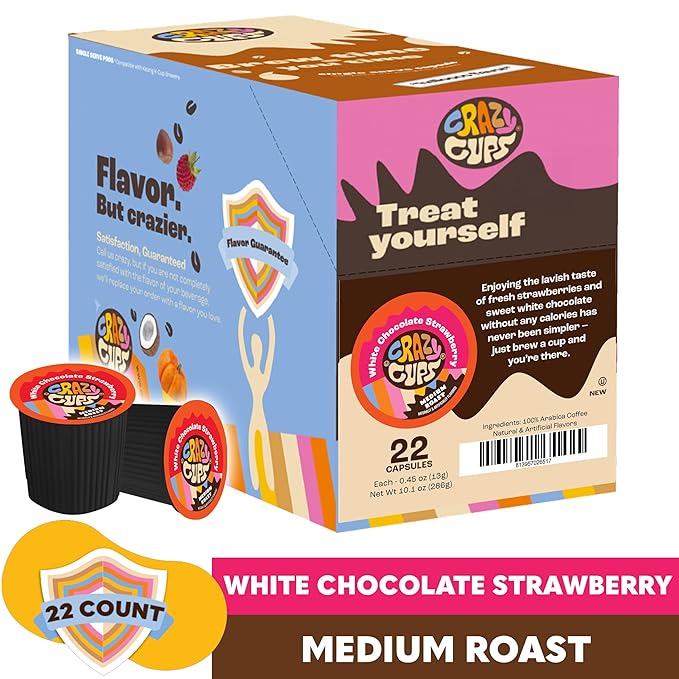 Crazy Cups Flavored Single Serve Hot or Iced Medium Roast Coffee for Keurig KCups Machines in Recyclable Pods, White Chocolate Strawberry(Pack of 1, 22 Count Total)
