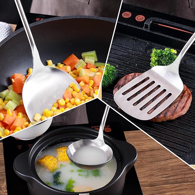 FJNATINH Wok Spatula and Ladle Skimmer Spoon - Stainless Steel Cooking Utensils Set of 3,Kitchen Wok Utensils Set