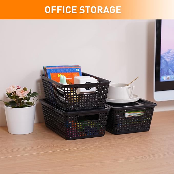 Plastic Storage Baskets With Lid, Storage Bins for Organizing, Stackable Decorative Containers for Shelves Drawers Desktop Closet Playroom Classroom Office, 6 Pack-Black