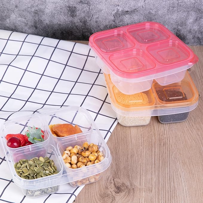 Finorder 6 Pack 4-Compartment Food Containers, Reusable Snack Containers for Kids Adults School Work Picnic Trip, Lunch Bento Box Meal Prep Containers (Dark Color Set)
