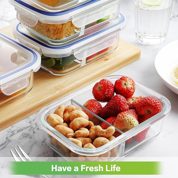 HOMBERKING 10 Pack 24oz Glass Meal Prep Containers 2 Compartment, Food Storage Containers with Lids, Airtight Glass Lunch Bento Boxes, BPA-Free & Leak Proof (10 lids & 10 Containers) - Deep Blue