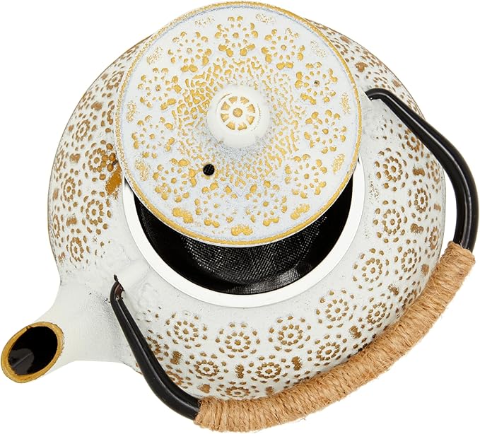 Juvale Stovetop Cast Iron Tea Kettle with Infuser - Superior Heat Retention Loose Leaf Tea Pot - Built-In Teapot with Strainer - Includes Trivet & Infuser Kettle - White, 27 Oz (800 ml)
