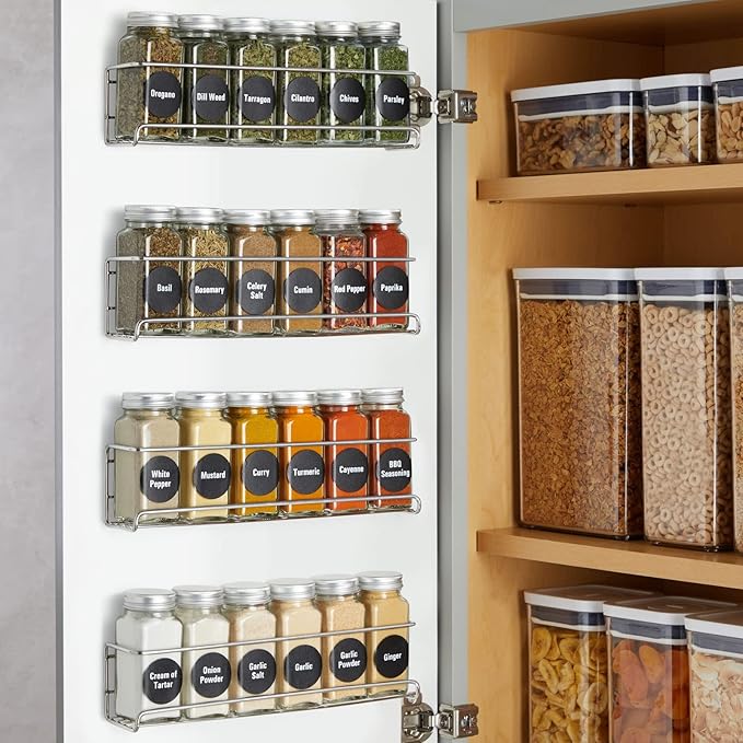 Talented Kitchen Spice Rack Organizer - 4 Stainless Steel Wall-Mounted Racks - 24 4 oz Glass Jars & 269 Preprinted Labels, Chrome - Kitchen & Cabinet Seasoning Organizer for Space Saving Spice Storage