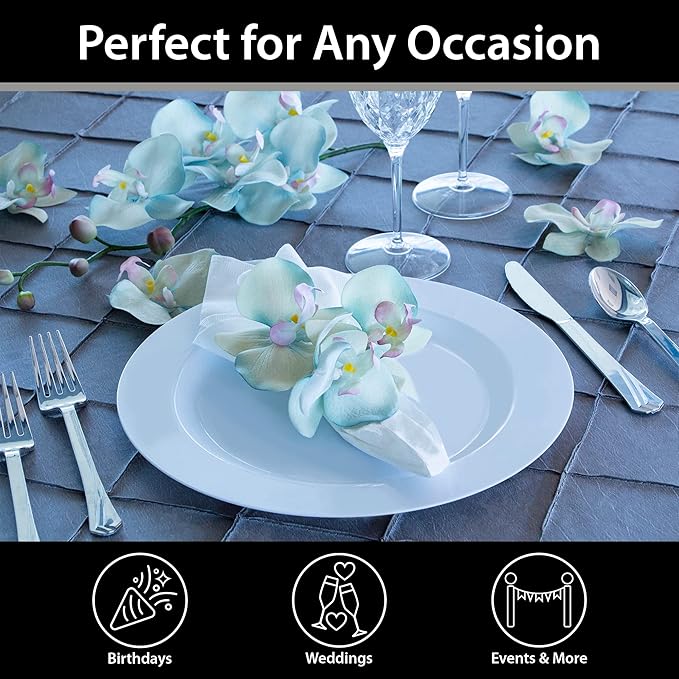 Lillian Tablesettings Premium Quality Heavyweight 10.25 inch Plastic Plates China Like, Wedding and Party Dinnerware Plastic Plates White Pearl - 30 Count