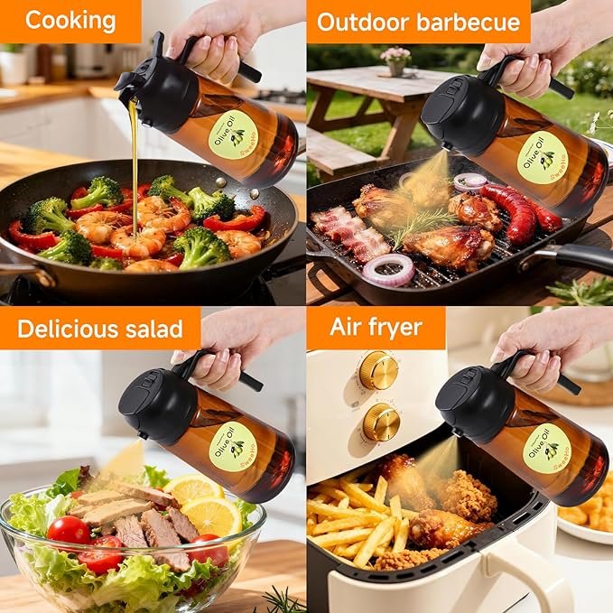 Oil Sprayer for Cooking,470ml Cooking Olive Oil Sprayer and Oil Dispenser 2 In 1, Food-grade Glass Oil Spray Bottle Mister for Air Fryer, BBQ, Griddle (Black+dark brown glass and color label)