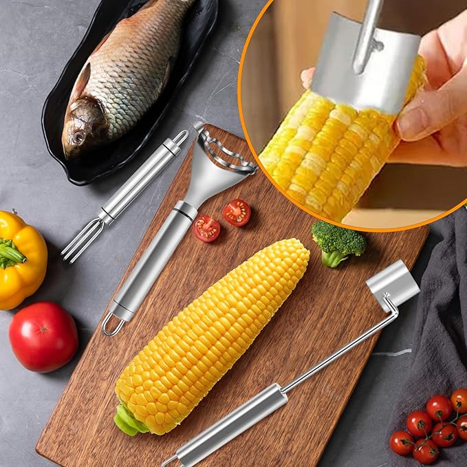 3Pcs Corn Peeler Set, Stainless Steel Corn Peeler, Stripper Tool And Corn Holder, Corn Stripping Tool For Corn On The Cob, Easy Cob Cutter And Remover