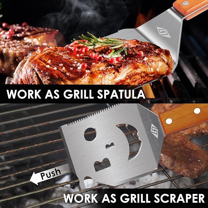 Heavy Duty BBQ Grill Tongs and Spatula for Outdoor Grill, 17” Long 5-in-1 Grill Spatula Comes with an 16” Long Locking Kitch Tongs, Best BBQ Gifts for Barbecue Grilling Master