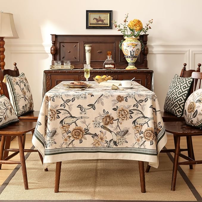 ISAENNE Designer Vintage Linen Small Table Cloth for Rectangle Table,Floral and Bird Pattern Tablecloths,Fall Wrinkle Resistant Decor Tablecloth for Dining Kitchen Party,55"*71"-Murad A