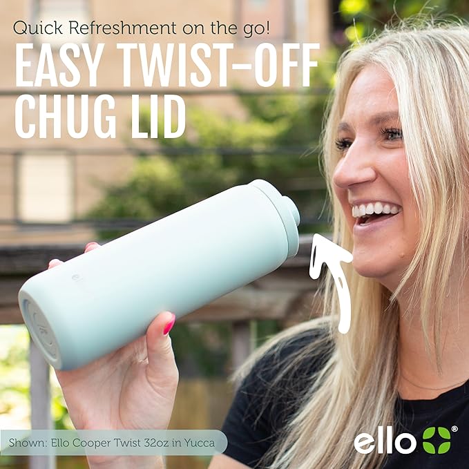 Ello Cooper Twist 22oz Stainless Steel Water Bottle with Chug Lid | Leak Proof Double Walled and Vacuum Insulated | Fits Car Cupholder | Built in Carry Loop | Dishwasher Safe | Antigua