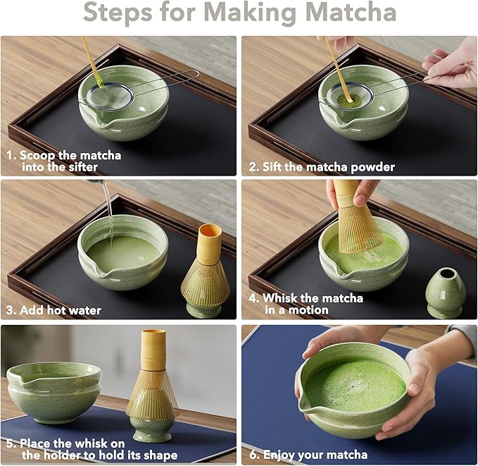 Matcha Whisk Set, Perfect Matcha Kit for Matcha Lovers Includes Ceramic Bowl, Bamboo Whisk, Holder, Scoop, Sifter & Cloth - 7 Pcs Matcha Kit