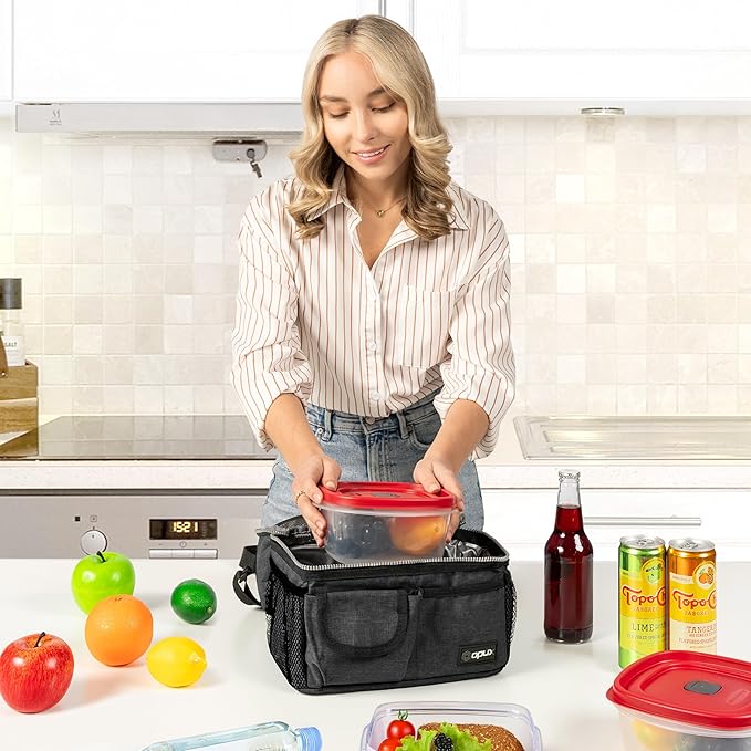 OPUX Lunch Box for Men, Adult Lunch Box Cooler, Insulated Lunch Bag Women, Dual Compartment Lunchbox for Work, Leakproof Double Decker Lunch Bag, Soft Lunch Pail Tote Boys Girls Kids School, Dark Gray