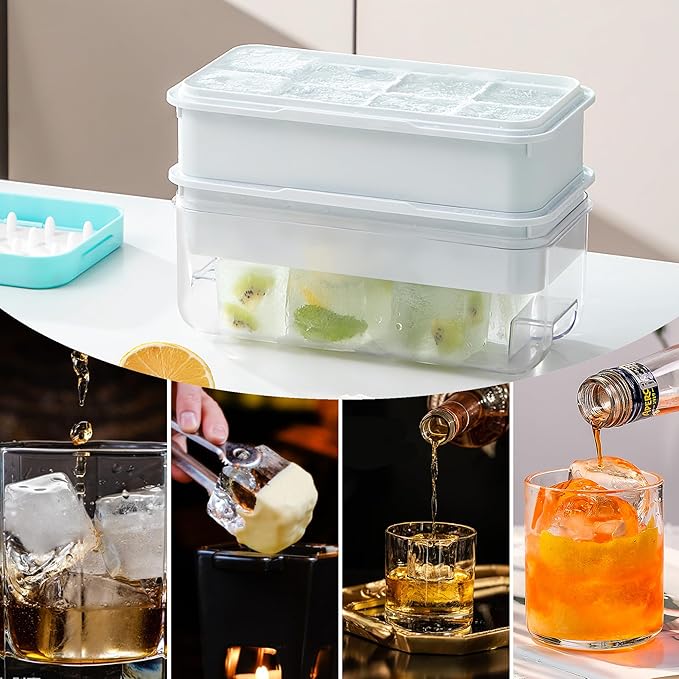 Large Ice Cube Tray, Easy Release Press Ice Cube Moulds, No Overflow Ice Cube Maker and Storage Container All in One, Perfect for Whiskey, Cocktail, for 16 Large Ice Cubes(5cmx5cmx4.5cm), Blue