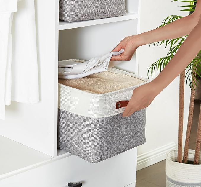 DECOMOMO Storage Baskets for Shelves - Fabric Storage Bins, Linen Closet Organizers and Storage (Grey & White, Large - 3 Pack)