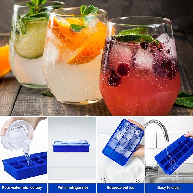 OZERA 2 Pack Silicone Ice Cube Tray, Ice Cube Trays Molds, Large Ice Cube Tray for Whiskey, Easy Release Flexible Ice Cube Molds 15 Ice Cubes for Cocktail, Blue