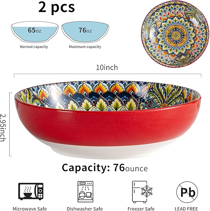 Red Large Serving Bowls Set of 2, Bohemian Style 10" Large Ceramic Bowls for Entertaining and Party, Bowls for Pasta Soup Fruit Ramen Cereal, Dishwasher Oven Safe