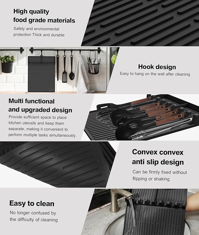 Silicone Griddle Tools Mat for Blackstone - Large Silicone Spatula Mat with Drip Pad - Griddle Mats BBQ Grill Accessories - Side Shelf Mats Grill Pad for Blackstone Griddles Accessories(Black)