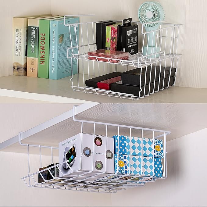 Lonians 2-Pack Under Shelf Hanging Storage Baskets - Metal Wire Rack Organizer for Kitchen, Pantry, Cabinet, Bathroom, Desk - Space Saving Shelf Extender (White, Large)