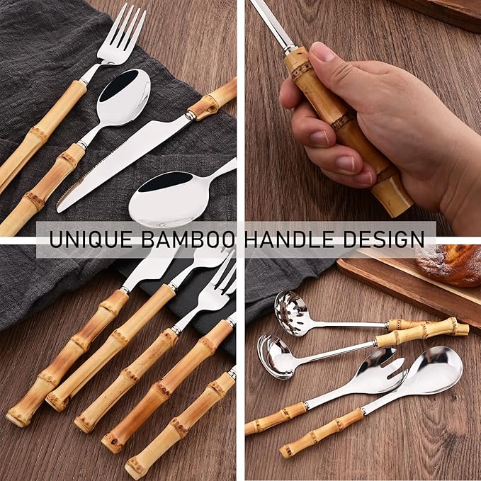 30PCS Silverware Set for 6, Bamboo Handle Flatware Set, Stainless Steel Cutlery Set for Home Restaurant and Party, Bamboo Forks Spoons and Knives Set, Polished Tableware
