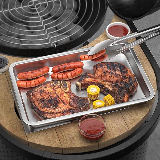 Grill Carry System, 6-Piece Stainless Steel Large Food Prep Tray, 16.5" x 11" Pan, Outdoor Grill with Cooling Rack for Vegetables, Fish, Meat, Great Grilling Gifts for Men