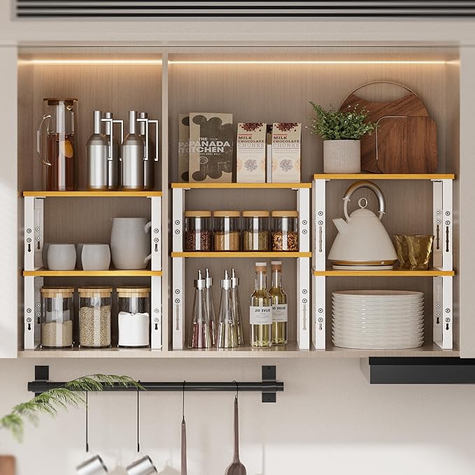 Kitchen Cabinet Organization Shelf，Set of 2 Height Adjustable Storage Racks，Stackable，Expandable，Countertop Shelves Organizer，Pantry Shelving（2PACKS/Medium/White