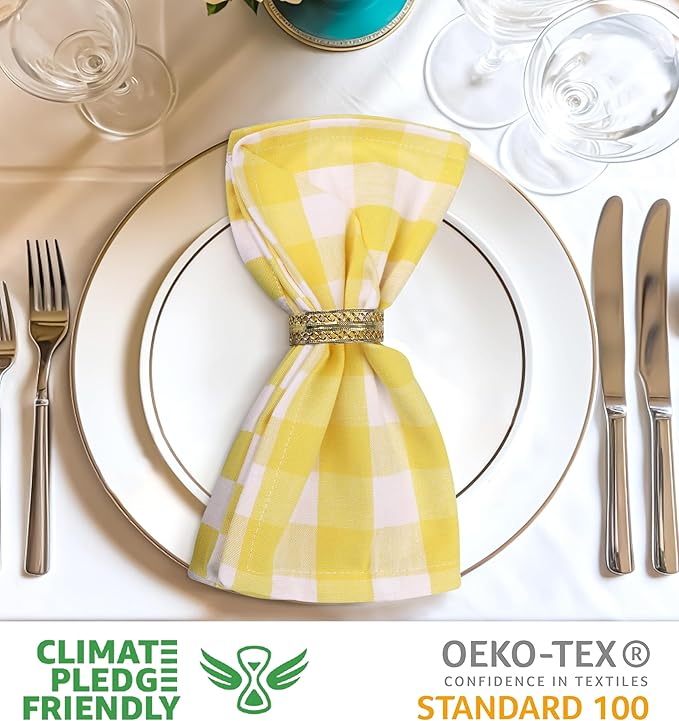 Urban Villa Cotton Dinner Napkins Set of 6, Highly Absorbent 20x20 Inches Premium Cloth Napkins Hotel Quality Reusable & Washable Table Dinner Napkins for Home & Weddings - Yellow/White, Checks