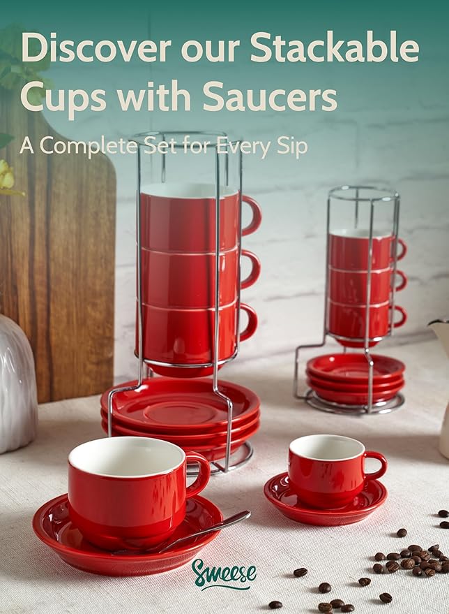 Sweese 8 Ounce Porcelain Stackable Cappuccino Cups with Saucers and Metal Stand - for Specialty Coffee Drinks, Cappuccino, Latte, Americano and Tea - Set of 4, Red
