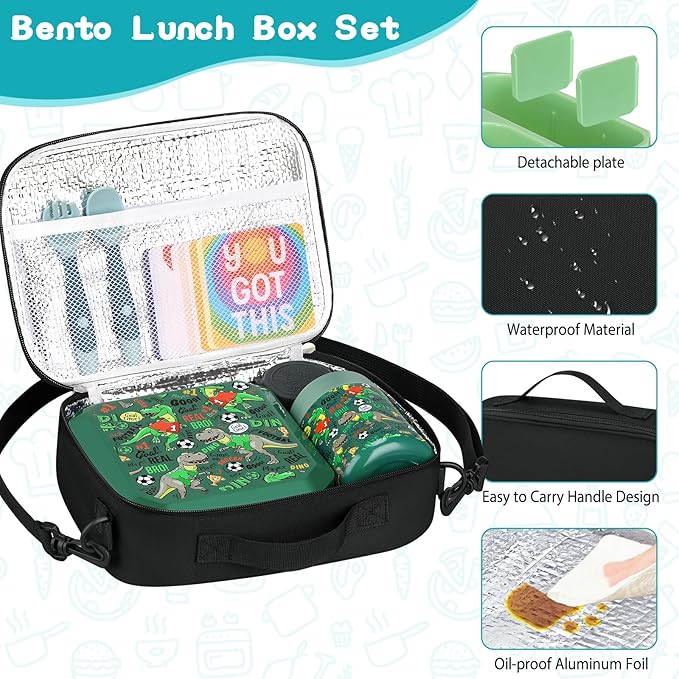 Bento Lunch Box for Kids with 12oz Soup Thermo Leak-Proof Lunch Food Container with 5 Compartment Thermo Hot Food Jar and Insulated Lunch Bag for Kid Toddler Girls Boys to School