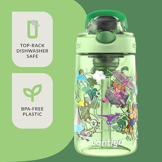 Contigo Aubrey Paw Patrol Leak-Proof Spill-Proof Water Bottle with Autospout, 14oz, Paw Patrol Dino Treks, Green