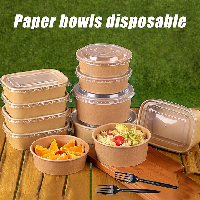 DI QIU REN 50-Pack 25oz Paper Bowls, Disposable Food Containers with Lids and Forks, Rectangular Disposable Salad Bowls for Diet Salad, Pasta (kraft Paper Rectangular, 25oz 50 Count)