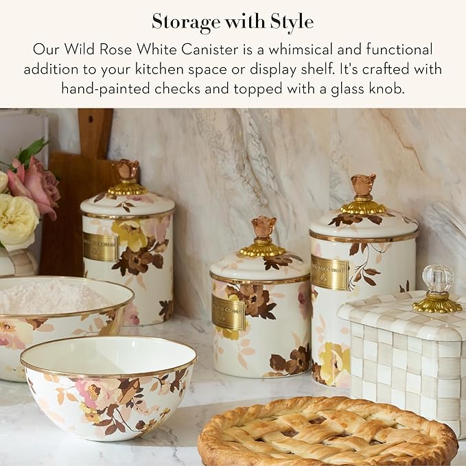 MACKENZIE-CHILDS Enamel Canister, Kitchen Storage Container with Lid, Large, Wild Rose White