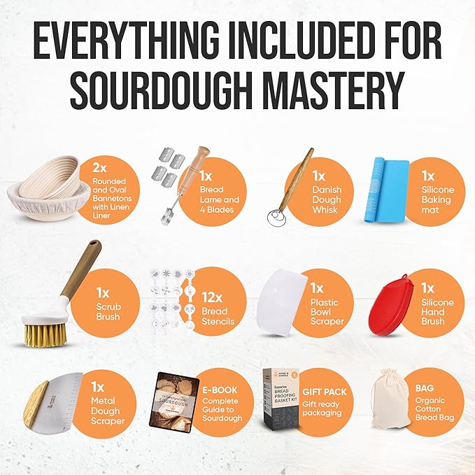 Banneton Bread Proofing Basket Set – Complete Sourdough Bread Baking Supplies – Sourdough Starter Kit – Sourdough Proofing Basket Gift for Bakers - Bread Baskets (9" Round & 10" Oval)