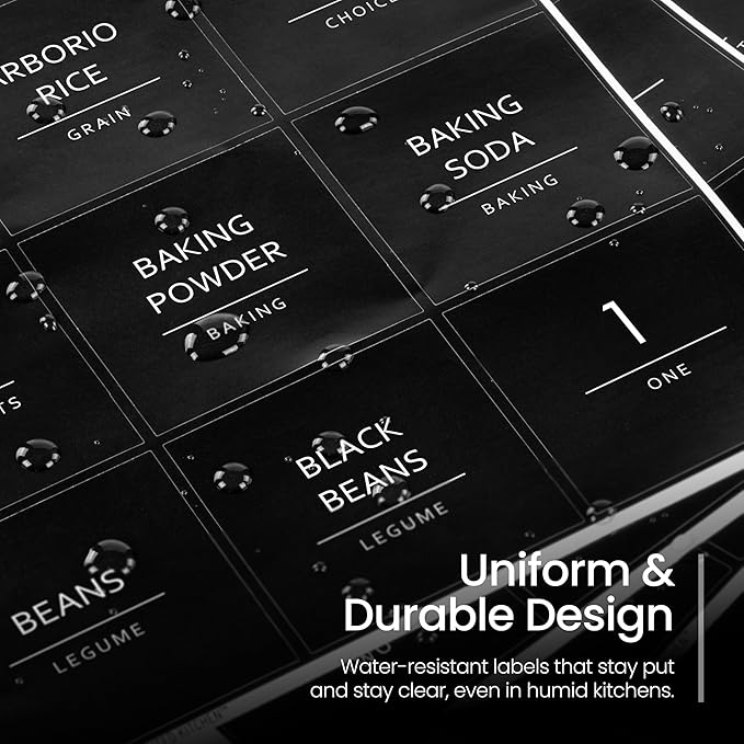 Talented Kitchen 144 Minimalist Pantry Labels – Preprinted White All-Caps on Matte Black Vinyl Stickers, Water-Resistant Adhesive Labels for Kitchen, Jars, Containers, Spices & Pantry Organization