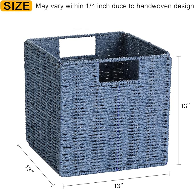Vagusicc Wicker Storage Basket, Set of 2 Hand-Woven Storage Baskets for Shelves with Handles, Foldable Cube Storage Bins Organizer, Blue 13x13 Inch Large Wicker Baskets for Pantry Bedroom Decor, Blue