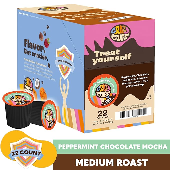 Crazy Cups Flavored Coffee for Keurig K-Cup Machines, Peppermint Chocolate Mocha, Hot or Iced Drinks, 22 Single Serve, Recyclable Pods