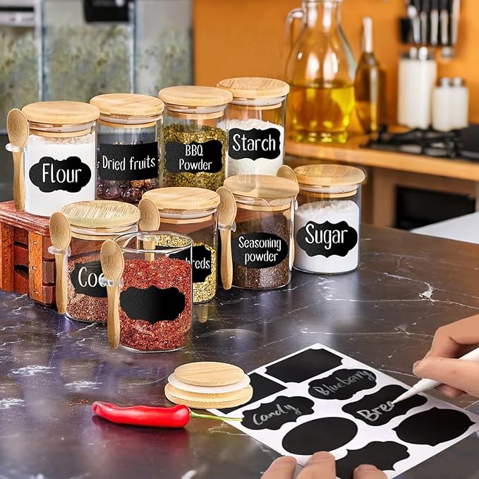 Spice Jars with Label 7oz Glass Storage Containers with Lids and Spoon Small Glass Jars for Overnight Oats Cereal Containers Storage Meal Prep Jars for Sugar Yogurt Chia Pudding Salt Candy 8pcs