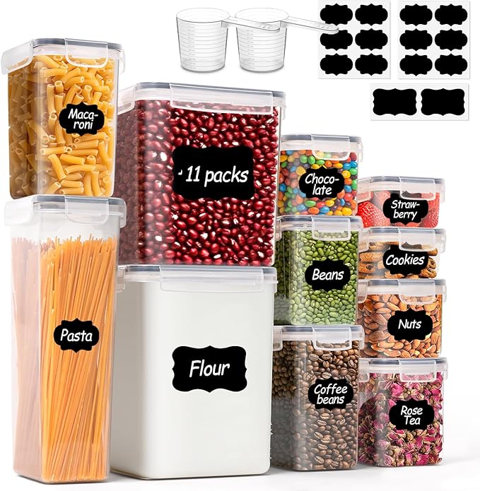 ComSaf Airtight Food Storage Containers with Lids, 11 Pcs Canisters Sets for the Kitchen, Plastic Pantry Organizers and Storage for Cereal, Flour, Sugar,Kitchen Storage Containers Include Labels