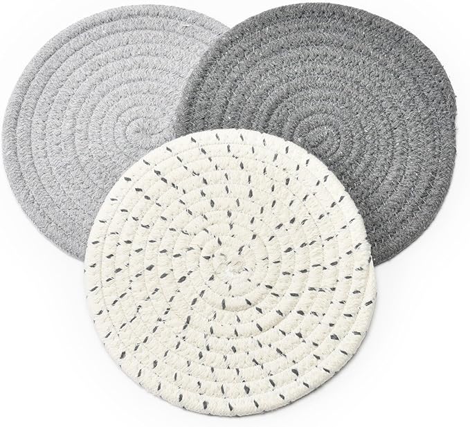 Potholders Set Trivets Set 100% Pure Cotton Thread Weave Hot Pot Holders Set (Set of 3) Stylish Coasters, Hot Pads, Hot Mats,Spoon Rest For Cooking and Baking by Diameter 7 Inches (Gray)