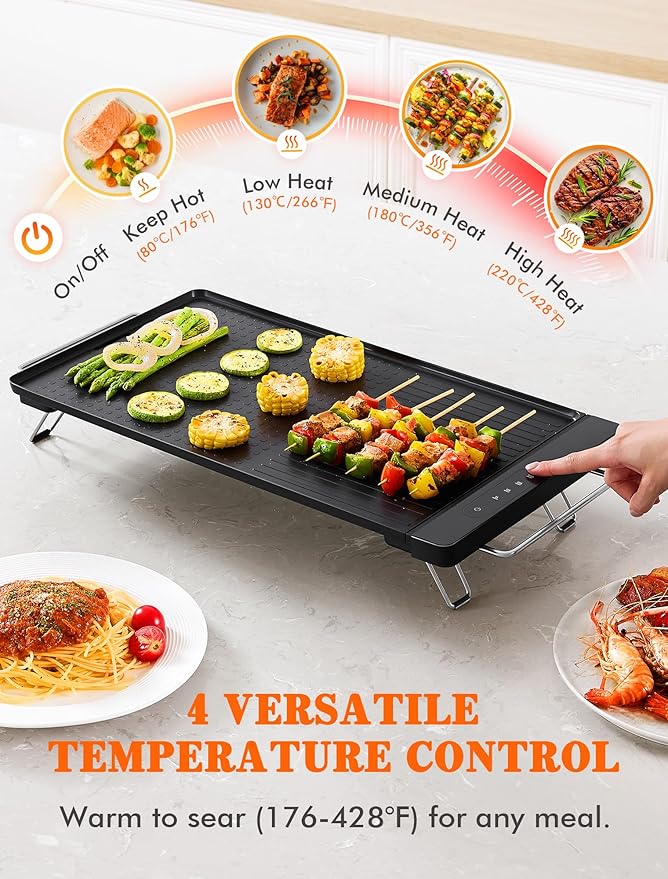 Electric Griddle with Removable Cooking Plate, Large Griddle Pan Electric with Nonstick Coating, Fast & Even Heating, Dishwasher Safe, Smokeless Grill for Bacon, Steak, Pancake, 19" x 11"